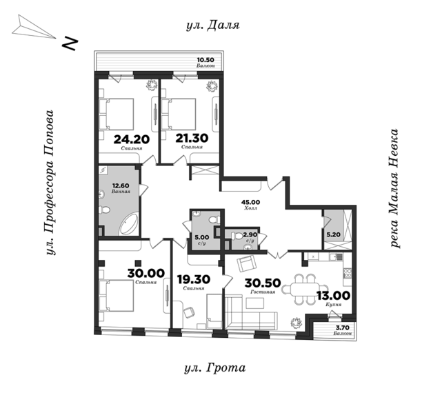 Дом на улице Грота, Корпус 1, 4 спальни, 210 м² | планировка элитных квартир Санкт-Петербурга | М16
